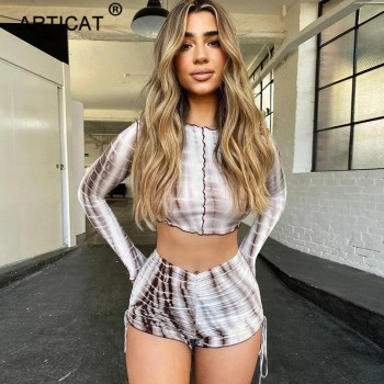 Snake Printed Ruched Two Piece Set Women Long Sleeve Round T-shirt And Biker Shorts Suit Woman Ruffled